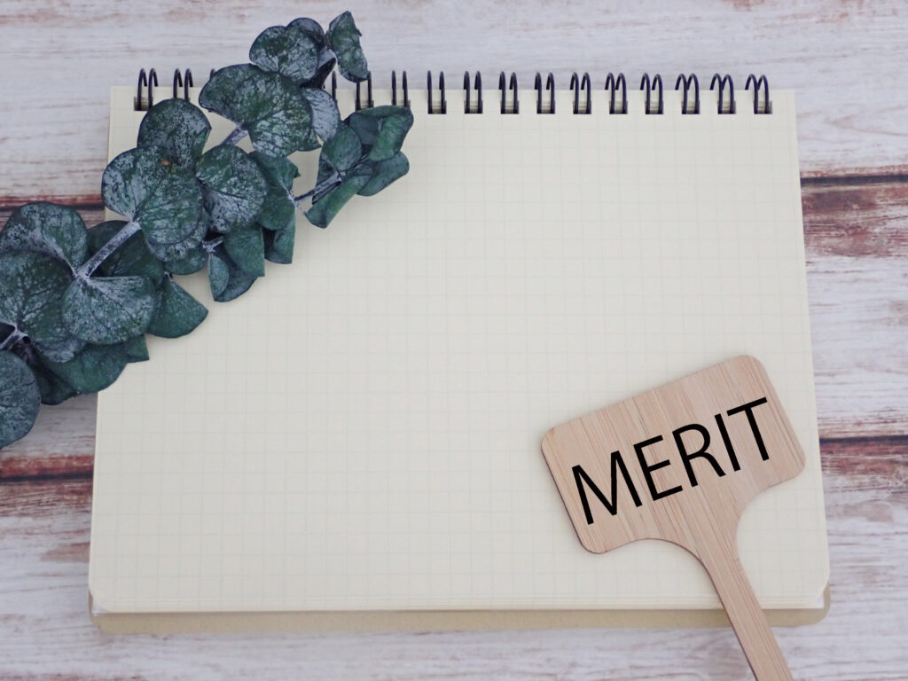 meritと書かれた木ベラと画用紙